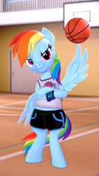 Size: 1080x1920 | Tagged: safe, artist:owlpirate, rainbow dash, pegasus, pony, g4, 3d, basketball, basketball court, bipedal, clothes, crossed hooves, jersey, looking at you, shorts, smiling, smiling at you, smirk, solo, source filmmaker, sports, wing hands, wings