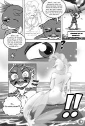Size: 1500x2202 | Tagged: safe, artist:boastudio, gallus, pinkie pie, silverstream, griffon, hippogriff, seapony (g4), anthro, comic:hooves & fins, g4, ass, breasts, busty pinkie pie, butt, clothes, cloud, comic, eyes closed, female, fins, fish tail, male, mare, monochrome, ocean, open mouth, rock, seapony silverstream, sky, speech bubble, swimsuit, tail, water