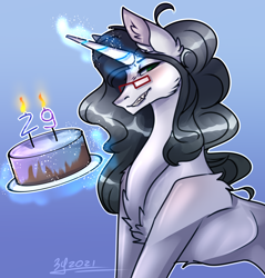 Size: 2204x2304 | Tagged: artist needed, safe, oc, oc only, oc:reinina hazard, pony, unicorn, birthday cake, cake, candle, food, high res, rule 63, solo