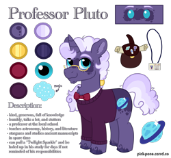 Size: 2700x2492 | Tagged: safe, artist:pink-pone, oc, oc only, oc:pluto, pony, unicorn, bowtie, clothes, glasses, high res, male, reference sheet, simple background, solo, stallion, sweater, transparent background