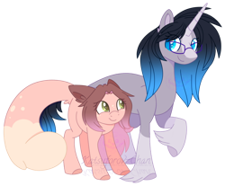 Size: 800x661 | Tagged: safe, artist:traveleraoi, oc, oc only, oc:cinnamon fawn, oc:sapphire belle, chinchilla, clydesdale, hybrid, pony, unicorn, base used, big ears, blaze (coat marking), coat markings, colored eyelashes, colored horn, colored pupils, cute, duo, duo female, ear fluff, eye clipping through hair, facial markings, female, floppy ears, fluffy tail, freckles, glasses, gradient mane, gradient tail, height difference, hooves, horn, leonine tail, looking at each other, looking at someone, palindrome get, ponysona, raised hoof, reference used, shy, simple background, size difference, smiling, smiling at each other, socks (coat markings), tail, transparent background, unshorn fetlocks, watermark