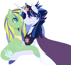 Size: 800x730 | Tagged: safe, artist:traveleraoi, oc, oc only, oc:comet rune, oc:lemon pop, pony, unicorn, au:equuis, base used, bust, cape, clothes, colored pupils, couple, crown, cute, cutie mark, duo, ear fluff, female, happy, hooves, jewelry, looking at each other, looking at someone, male, mare, oc x oc, offspring, parent:twilight sparkle, parents:canon x oc, peytral, pregnant, redraw, reference used, regalia, shipping, simple background, smiling, smiling at each other, stallion, straight, transparent background, watermark