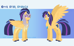 Size: 1280x800 | Tagged: safe, artist:traveleraoi, oc, oc only, oc:nova star sparkle, pegasus, pony, armor, blind, colored pupils, cutie mark, ear fluff, element of magic, feathered fetlocks, female, folded wings, gradient background, hooves, jewelry, mare, necklace, next generation, offspring, parent:flash sentry, parent:twilight sparkle, parents:flashlight, reference sheet, simple background, solo, spread wings, watermark, wings