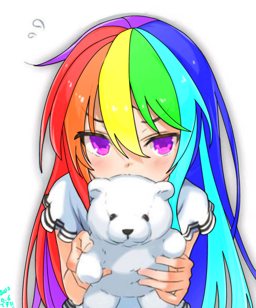 2880892 - source needed, safe, artist:cz, rainbow dash, human, anime style,  blouse, blushing, eye clipping through hair, female, hiding, humanized,  long hair, looking at you, plushie, purple eyes, signature, simple  background, solo,