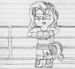 Size: 1280x1175 | Tagged: safe, artist:ct1443ae, sunset shimmer, unicorn, semi-anthro, g4, angry, boxing, boxing gloves, boxing ring, boxing shorts, clothes, lined paper, mouth guard, pencil drawing, shoes, shorts, solo, sports, traditional art