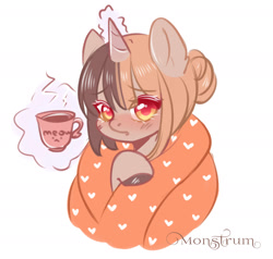 Size: 1952x1856 | Tagged: safe, artist:monstrum, oc, oc only, oc:mia, blanket, coffee, coffee cup, cup, cute, glowing, glowing horn, horn, ocbetes, red eyes, simple background, sketch, sleepy, solo, white background