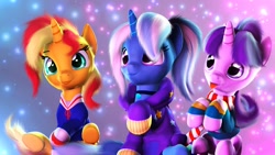 Size: 1476x830 | Tagged: safe, artist:nikosourcepone, starlight glimmer, sunset shimmer, trixie, pony, unicorn, g4, 3d, :p, alternate hairstyle, babysitter trixie, clothes, cute, diatrixes, female, glimmerbetes, hoodie, horn, scarf, shimmerbetes, sitting, source filmmaker, striped scarf, tail, tongue out, trio, trio female