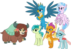 Size: 1174x817 | Tagged: safe, edit, edited screencap, editor:pascalmulokozi2, screencap, gallus, ocellus, sandbar, silverstream, smolder, yona, changedling, changeling, classical hippogriff, dragon, earth pony, griffon, hippogriff, pony, yak, g4, season 9, the ending of the end, background removed, bow, cloven hooves, colored hooves, dragoness, female, hair bow, jewelry, male, monkey swings, necklace, simple background, student six, teenager, transparent background