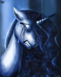 Size: 2480x3161 | Tagged: safe, artist:jowyb, princess luna, pony, g4, 2015, bust, crying, ethereal mane, eyes closed, female, gritted teeth, high res, human teeth, limited palette, monochrome, old art, sad, solo, teeth