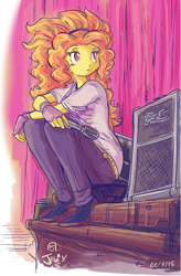 Size: 619x946 | Tagged: safe, artist:jowyb, adagio dazzle, equestria girls, g4, 2015, amplifier, clothes, female, fingerless gloves, gloves, microphone, old art, sitting, solo, speaker
