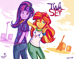 Size: 868x688 | Tagged: safe, artist:jowyb, sunset shimmer, twilight sparkle, equestria girls, g4, 2019, clothes, duo, female, guitar, jewelry, lesbian, microphone, musical instrument, necklace, old art, one eye closed, pants, peace sign, ship:sunsetsparkle, shipping, shirt, signature, smiling, speaker, wink, wristband