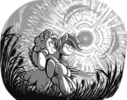 Size: 1336x1056 | Tagged: safe, artist:jowyb, pinkie pie, rainbow dash, earth pony, pegasus, pony, fanfic:the immortal game, g4, bipedal, commission, duo, duo female, fanfic art, female, from below, grass, grayscale, holding a pony, looking up, mare, monochrome, smiling, smirk, sonic rainboom