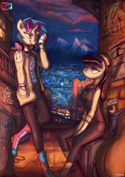 Size: 2480x3508 | Tagged: safe, artist:jowyb, dj pon-3, octavia melody, vinyl scratch, earth pony, unicorn, anthro, g4, 2015, cellphone, city, clothes, converse, duo, female, hat, headphones, high res, jacket, manehattan, old art, phone, shoes, sunglasses