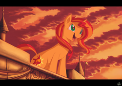 Size: 3508x2480 | Tagged: safe, artist:jowyb, sunset shimmer, pony, unicorn, g4, 2016, bacon hair, cute, female, high res, letterboxing, mare, old art, open mouth, rooftop, shimmerbetes, sitting, smiling, solo, sunset