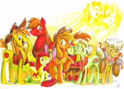 Size: 9705x6997 | Tagged: safe, artist:jowyb, apple bloom, applejack, big macintosh, braeburn, bright mac, goldie delicious, granny smith, pear butter, cat, earth pony, pony, 2017, absurd file size, absurd resolution, apple, apple family, apple siblings, apple sisters, brother and sister, cousins, cowboy hat, dangerously high res, eyes closed, female, filly, foal, food, freckles, fruit, grandmother and grandchild, grandmother and granddaughter, grandmother and grandson, hat, male, mare, old art, one eye closed, open mouth, siblings, sisters, sitting, stallion, stetson, traditional art, wink