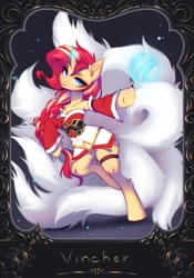 Size: 2794x4000 | Tagged: safe, artist:vincher, sunset shimmer, kitsune, kitsune pony, original species, unicorn, semi-anthro, g4, ahri, arm hooves, bipedal, braid, chest fluff, clothes, collaboration, cosplay, costume, female, frame, league of legends, looking at you, magic, magic aura, multiple tails, slit pupils, solo, sunset cosplay flashmob, tail, whisker markings