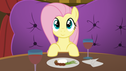Size: 4999x2812 | Tagged: safe, artist:sollace, derpibooru exclusive, part of a set, fluttershy, pegasus, pony, series:pov, g4, viva las pegasus, alcohol, asparagus, bronybait, cute, date, dinner, eating, female, food, herbivore, high res, hooves on the table, las pegasus, looking at you, mare, offscreen character, plate, pov, restaurant, show accurate, shyabetes, smiling, vector, wine