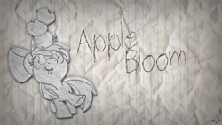 Size: 1920x1080 | Tagged: safe, artist:utterlyludicrous, apple bloom, earth pony, pony, g4, apple, balancing, female, filly, foal, food, lined paper, paper, solo, traditional art