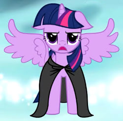 Size: 341x335 | Tagged: safe, artist:melonharmony, twilight sparkle, alicorn, pony, g4, cloak, clothes, female, floppy ears, frown, horn, mare, open mouth, spread wings, twilight sparkle (alicorn), twilight sparkle is not amused, unamused, wings, youtube link