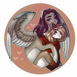 Size: 2160x2160 | Tagged: oc name needed, safe, artist:maslo<3, oc, oc:meeray<3, pegasus, pony, unicorn, clothes, cute, high res, hug, male, partially open wings, scarf, stallion, wings