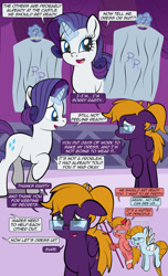 Size: 1920x3168 | Tagged: safe, artist:alexdti, rarity, oc, oc:aqua lux, oc:purple creativity, oc:warm focus, pegasus, pony, unicorn, comic:quest for friendship, g4, bandage, clothes, comic, dialogue, ears back, eyes closed, female, folded wings, glasses, glowing, glowing horn, high res, hoof hold, hooves, horn, looking at someone, looking down, magic, mare, narrowed eyes, open mouth, open smile, pegasus oc, raised hoof, raised leg, shoulder angel, shoulder devil, smiling, speech bubble, standing, telekinesis, wings