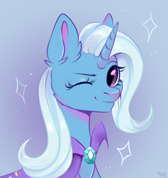 Size: 3300x3480 | Tagged: safe, artist:ske, trixie, pony, unicorn, g4, bust, ear fluff, female, high res, looking at you, mare, one eye closed, portrait, smiling, smiling at you, solo, sparkles, wink, winking at you