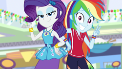 Size: 1920x1080 | Tagged: safe, artist:rarityvrymercollectiveoriginals, edit, edited screencap, screencap, rainbow dash, rarity, human, dashing through the mall, equestria girls, equestria girls series, g4, holidays unwrapped, spoiler:eqg series (season 2), duo, duo female, eyeshadow, female, geode of shielding, geode of super speed, grin, hand on hip, lidded eyes, looking at you, magical geodes, makeup, photo, rarity peplum dress, smiling, smiling at you