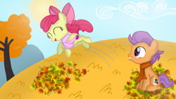 Size: 1280x720 | Tagged: safe, artist:mlplary6, apple bloom, tender taps, earth pony, pony, g4, autumn, clothes, colt, female, filly, foal, jumping, leaves, male, scarf, shipping, smiling, straight, tenderbloom, tree