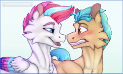 Size: 1280x773 | Tagged: safe, artist:hikolasskeen, hitch trailblazer, zipp storm, earth pony, pegasus, pony, g5, blushing, female, looking at each other, looking at someone, male, nervous, pixel art, ship:stormblazer, shipping, smiling, straight