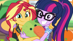 Size: 1920x1080 | Tagged: safe, artist:rarityvrymercollectiveoriginals, edit, edited screencap, screencap, sci-twi, sunset shimmer, twilight sparkle, bird, human, parakeet, dashing through the mall, equestria girls, equestria girls specials, g4, my little pony equestria girls: better together, my little pony equestria girls: holidays unwrapped, chair, geode of empathy, geode of telekinesis, it's not about the parakeet, magical geodes, table
