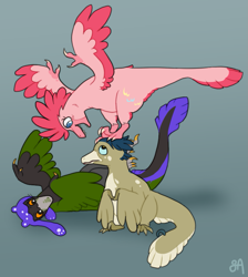 Size: 825x920 | Tagged: safe, artist:greenarsonist, pinkie pie, basilisk, demon, dinosaur, feathered dinosaur, velociraptor, g4, spoiler:the owl house, beast demon, crossover, dinosaurified, female, gray background, hat, homestuck, lying down, nepeta leijon, shapeshifter, shapeshifting, simple background, sitting, smiling, species swap, spoilers for another series, spread wings, standing on head, the owl house, trio, trio female, vee, wings
