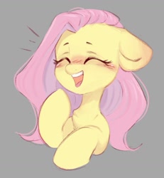 Size: 951x1031 | Tagged: safe, artist:melodylibris, fluttershy, pegasus, pony, g4, blushing, bust, cute, emanata, eyes closed, female, floppy ears, gray background, laughing, mare, open mouth, open smile, shyabetes, simple background, smiling, solo