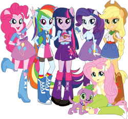 Size: 1213x1136 | Tagged: safe, edit, edited screencap, editor:pascalmulokozi2, screencap, applejack, fluttershy, pinkie pie, rainbow dash, rarity, spike, twilight sparkle, dog, human, equestria girls, g4, official, background removed, belt, book, boots, clothes, cowboy boots, cowboy hat, hat, high heel boots, humane five, humane six, looking at you, ponied up, shirt, shoes, simple background, skirt, socks, spike the dog, transparent background, vest