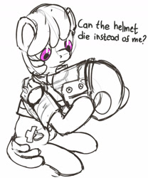 Size: 1500x1800 | Tagged: safe, artist:uteuk, oc, oc only, oc:natrix capefiv, earth pony, pony, armor, helmet, holding, meme, partial color, ponified meme, sketch, solo