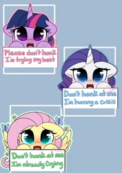 Size: 1449x2048 | Tagged: safe, artist:sakukitty, fluttershy, rarity, twilight sparkle, pegasus, pony, unicorn, g4, adorable distress, bumper sticker, cute, cute little fangs, dialogue, fangs, floppy ears, looking at you, raribetes, sad, sadorable, scared, shyabetes, spread wings, teary eyes, twiabetes, wings