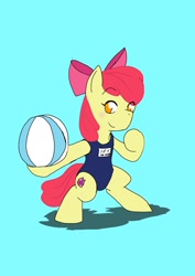 Size: 1451x2048 | Tagged: safe, artist:omegapony16, apple bloom, earth pony, pony, g4, beach ball, bipedal, blue swimsuit, blushing, clothes, female, filly, foal, light blue background, one-piece swimsuit, school swimsuit, simple background, smiling, solo, swimsuit, the cmc's cutie marks