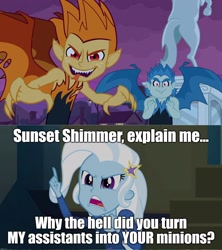 Size: 1920x2160 | Tagged: safe, edit, edited screencap, screencap, snails, snips, trixie, demon, human, equestria girls, g4, my little pony equestria girls, my little pony equestria girls: rainbow rocks, caption, female, image macro, implied sunset shimmer, male, meme, text, the fools, trixie yells at everything