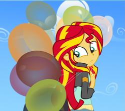 Size: 935x826 | Tagged: safe, artist:hakdurbin, sunset shimmer, human, equestria girls, g4, balloon, clothes, cloud, cute, female, happy, helium balloons, jacket, sky, smiling, solo
