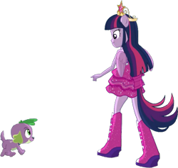 Size: 667x631 | Tagged: safe, artist:pascalmulokozi2, edit, edited screencap, screencap, spike, twilight sparkle, dog, human, equestria girls, g4, my little pony equestria girls, background removed, big crown thingy, duo, element of magic, fall formal outfits, jewelry, ponied up, regalia, simple background, spike the dog, transparent background