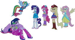 Size: 1553x826 | Tagged: safe, artist:pascalmulokozi2, edit, edited screencap, screencap, applejack, fluttershy, pinkie pie, rainbow dash, rarity, spike, twilight sparkle, dog, human, equestria girls, g4, my little pony equestria girls, background removed, bare shoulders, fall formal outfits, humane five, humane six, ponied up, simple background, sleeveless, spike the dog, strapless, transparent background, twilight sparkle (alicorn)