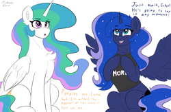 Size: 4000x2600 | Tagged: safe, artist:astrum, princess celestia, princess luna, alicorn, pony, chest fluff, clapping, clothes, confused, cute, cute little fangs, dialogue, digital art, duo, duo female, ethereal mane, excited, fangs, female, happy, height difference, high res, it's morbin time, looking up, meme, morbius, oblivious, open mouth, raised eyebrow, royal sisters, shirt, siblings, simple background, sisters, sitting, size difference, smiling, spread wings, t-shirt, this will end in disappointment, white background, wings