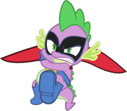Size: 1001x876 | Tagged: safe, edit, edited screencap, editor:pascalmulokozi2, screencap, spike, dragon, g4, power ponies (episode), season 4, angry, background removed, boots, cape, clothes, humdrum costume, male, power ponies, shoes, simple background, solo, transparent background