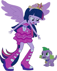 Size: 581x724 | Tagged: safe, edit, edited screencap, editor:pascalmulokozi2, screencap, spike, twilight sparkle, alicorn, dog, human, equestria girls, g4, my little pony equestria girls, background removed, bare shoulders, big crown thingy, duo, element of magic, fall formal outfits, jewelry, ponied up, regalia, simple background, sleeveless, spike the dog, strapless, transparent background, twilight sparkle (alicorn)