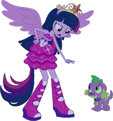 Size: 705x756 | Tagged: safe, edit, edited screencap, editor:pascalmulokozi2, screencap, spike, twilight sparkle, alicorn, dog, human, equestria girls, g4, my little pony equestria girls, background removed, bare shoulders, big crown thingy, duo, element of magic, fall formal outfits, jewelry, ponied up, regalia, simple background, sleeveless, spike the dog, strapless, transparent background, twilight sparkle (alicorn)