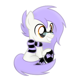 Size: 2000x2000 | Tagged: safe, artist:candy meow, oc, oc only, oc:mockery, earth pony, pony, amber eyes, clothes, colt, digital art, earth pony oc, foal, glasses, grin, high res, male, mane, purple hair, purple mane, purple tail, raised hoof, scarf, simple background, sitting, smiling, socks, solo, striped scarf, tail, transparent background, white body, white fur