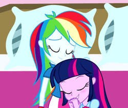 Size: 827x700 | Tagged: safe, artist:chameleonman55, rainbow dash, twilight sparkle, human, equestria girls, g4, bed, blushing, duo, duo female, eyes closed, female, hand on head, lesbian, looking at you, pillow, ship:twidash, shipping, sleeping, smiling, smiling at you, snuggling