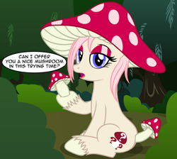 Size: 2348x2102 | Tagged: safe, artist:badumsquish, derpibooru exclusive, oc, oc only, oc:amanita alm, monster pony, mushroom pony, original species, can i offer you an egg, danny devito, dialogue, eyeshadow, female, forest, high res, holding, hoof hold, hooves, it's always sunny in philadelphia, lidded eyes, looking at you, makeup, mare, mushroom, open mouth, outdoors, question mark, raised hoof, show accurate, sitting, solo, talking to viewer, unshorn fetlocks