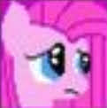 Size: 121x122 | Tagged: safe, artist:thekaminakat, edit, pinkie pie, earth pony, pony, g4, cropped, female, frown, mare, needs more jpeg, pink background, pinkamena diane pie, pixel art, sad, simple background, when she doesn't smile