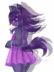Size: 1643x2160 | Tagged: safe, artist:renari, oc, oc only, semi-anthro, ass, butt, clothes, commission, cute, dress, female, looking at you, mare, purple hair, simple background, solo, tail, white background