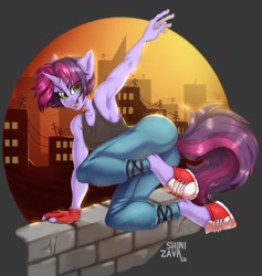 Size: 1211x1280 | Tagged: safe, artist:shinizavr, oc, oc only, unicorn, anthro, unguligrade anthro, ass, butt, clothes, converse, female, pants, shirt, shoes, smiling, solo